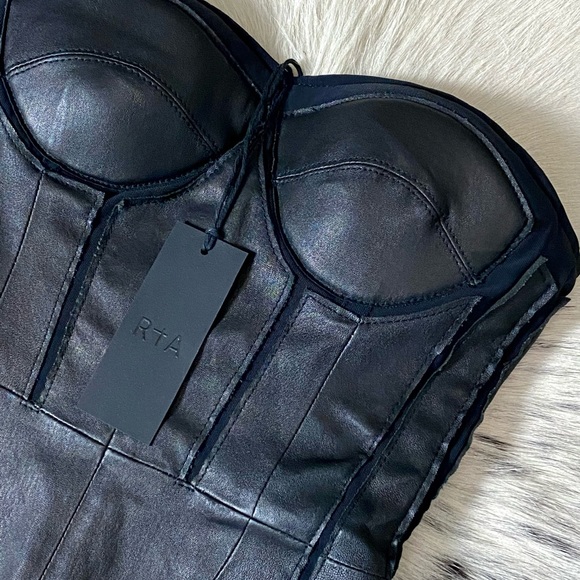 RTA “GWENYTH” MESH PANELED LEATHER BUSTIER MINI-DRESS, SZ 0 BLACK - Picture 11 of 16